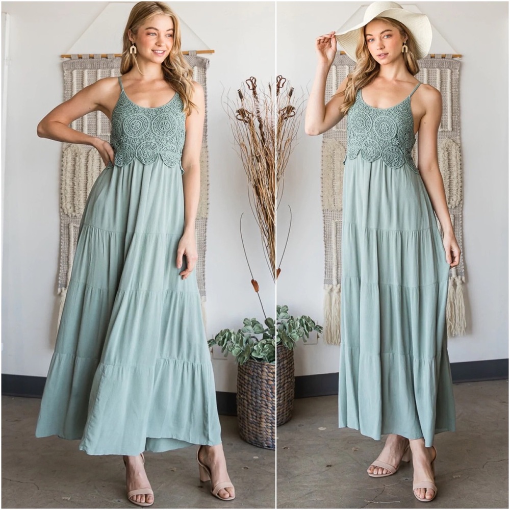 1 LEFT! Sage Green Crochet Lace Long Maxi Dress Smocked - Picture 2 of 6
